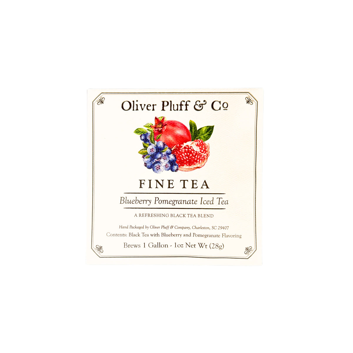 Oliver Pluff & Co. Blueberry Pomegranate Iced Tea packaging on a white background