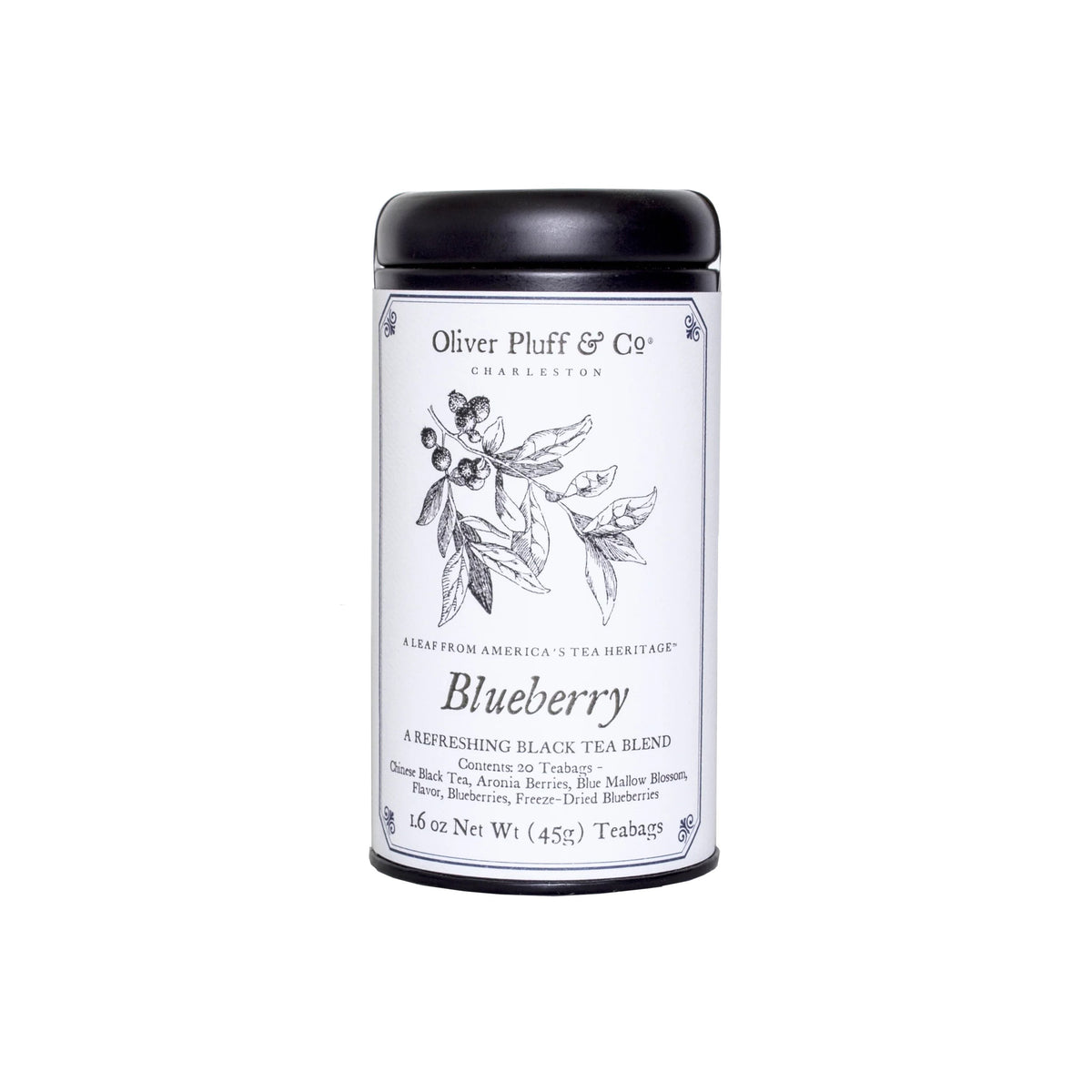 Tea canister labeled 'Blueberry' by Oliver Pluff & Co on a white background