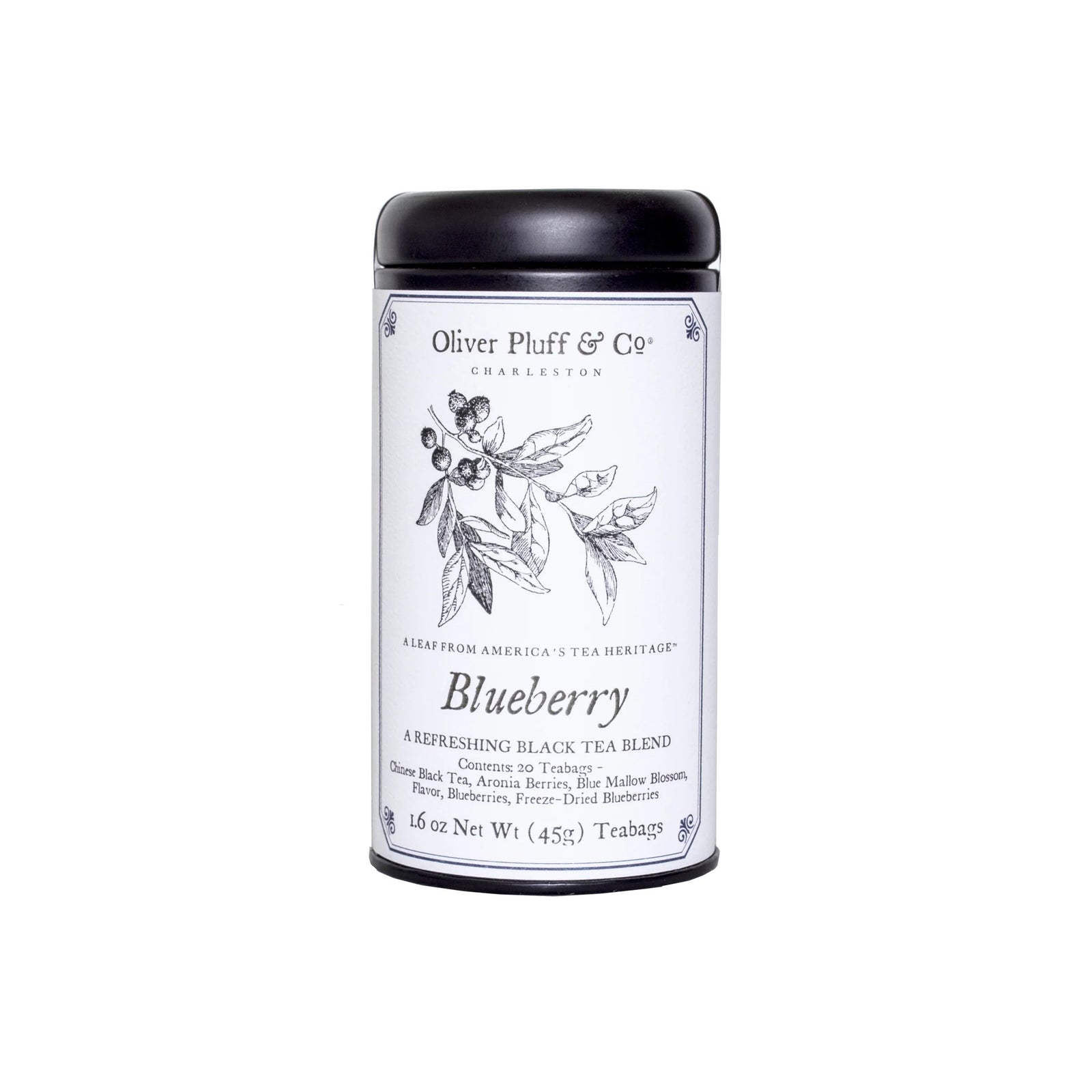 Tea canister labeled 'Blueberry' by Oliver Pluff & Co on a white background