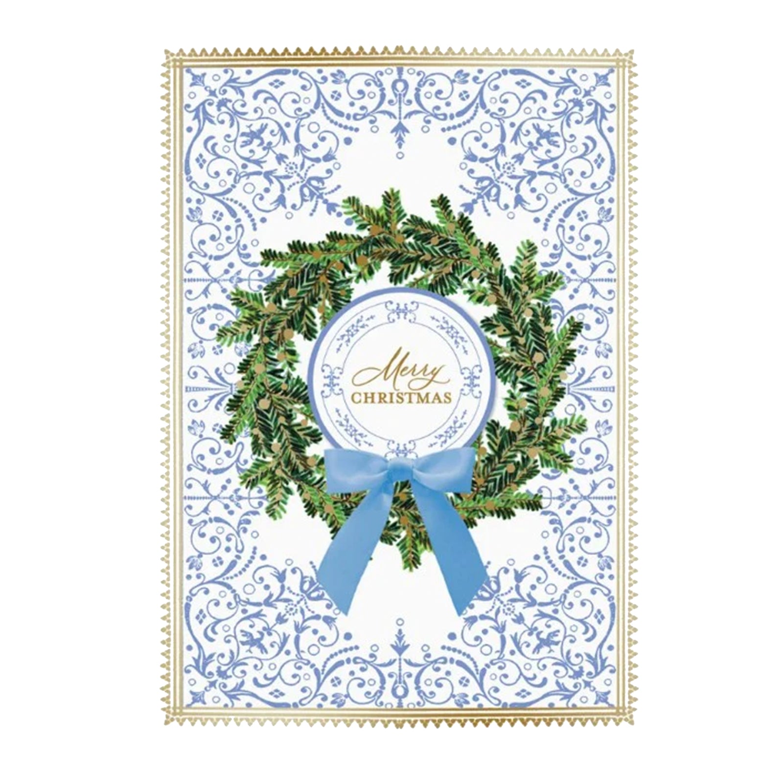 Christmas card with a wreath and blue bow on a decorative white background