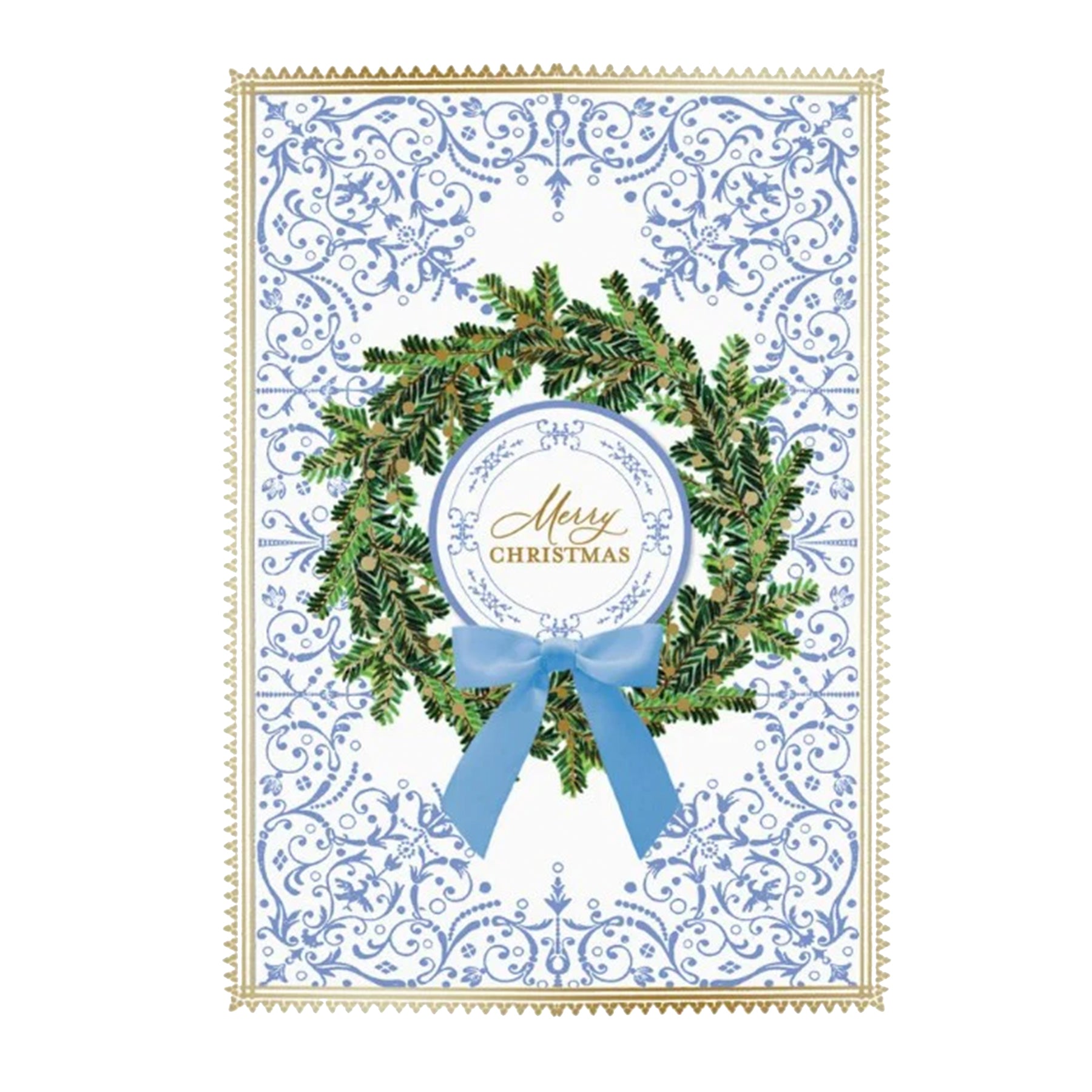 Christmas card with a wreath and blue bow on a decorative white background