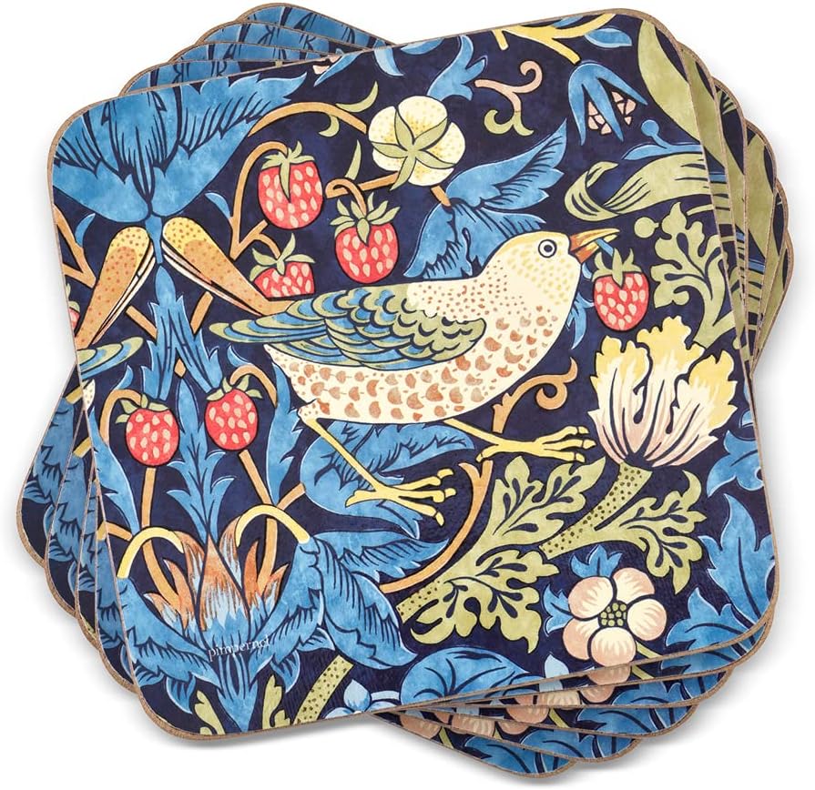 These quality coasters use a 5mm board topped with the beautiful William Morris 'Strawberry Thief' print on a deep blue background. Each coaster is totally sealed with a high-quality coating that is both stain and heat resistant to 212F. Set of 6 coasters  Dimensions: 4 Inches x 4 Inches.