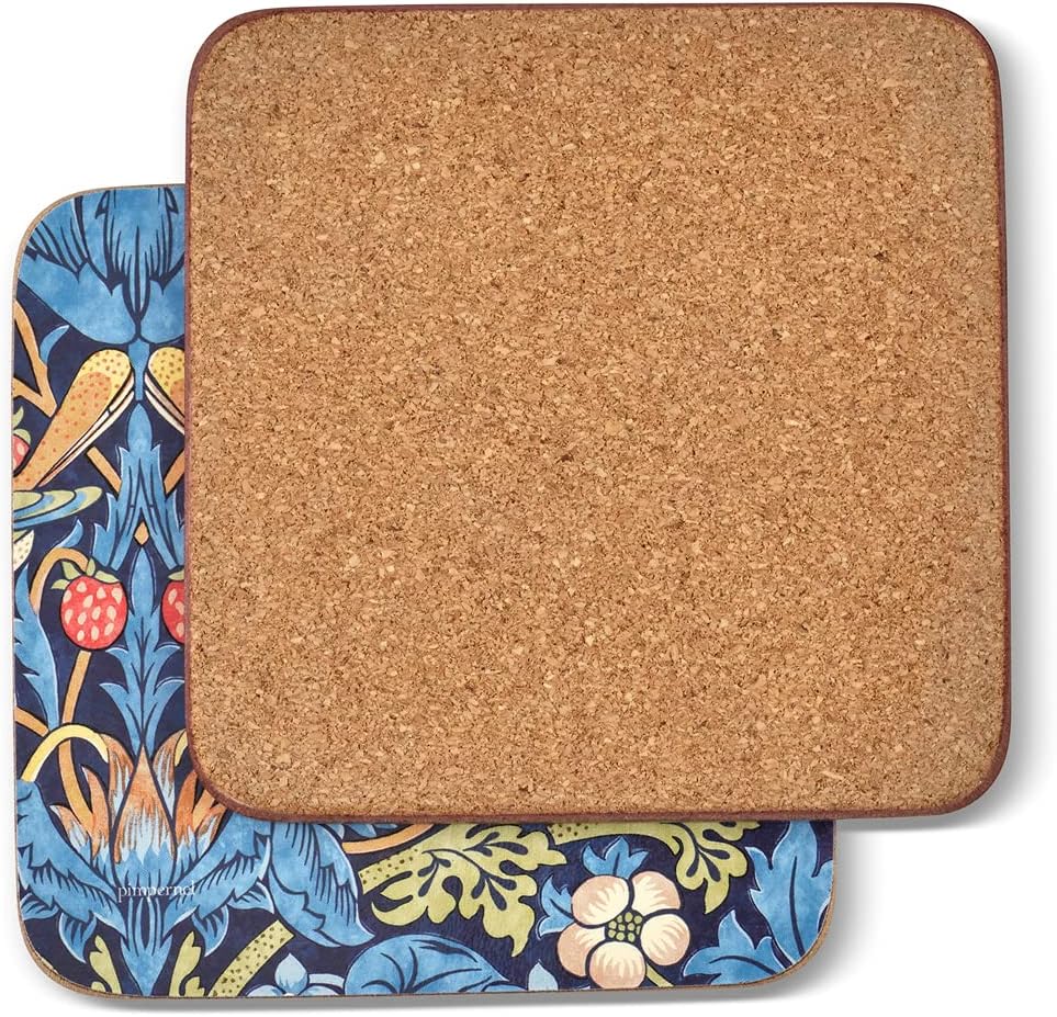 These quality coasters use a 5mm board topped with the beautiful William Morris 'Strawberry Thief' print on a deep blue background. Each coaster is totally sealed with a high-quality coating that is both stain and heat resistant to 212F. Set of 6 coasters  Dimensions: 4 Inches x 4 Inches.