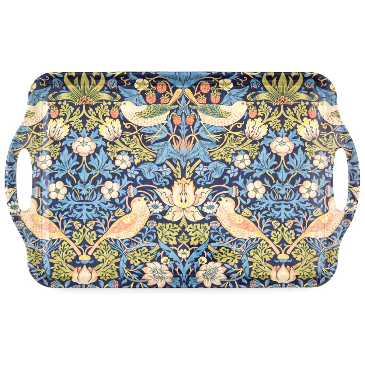 Decorative tray with floral William Morris Strawberry Thief pattern on a blue background