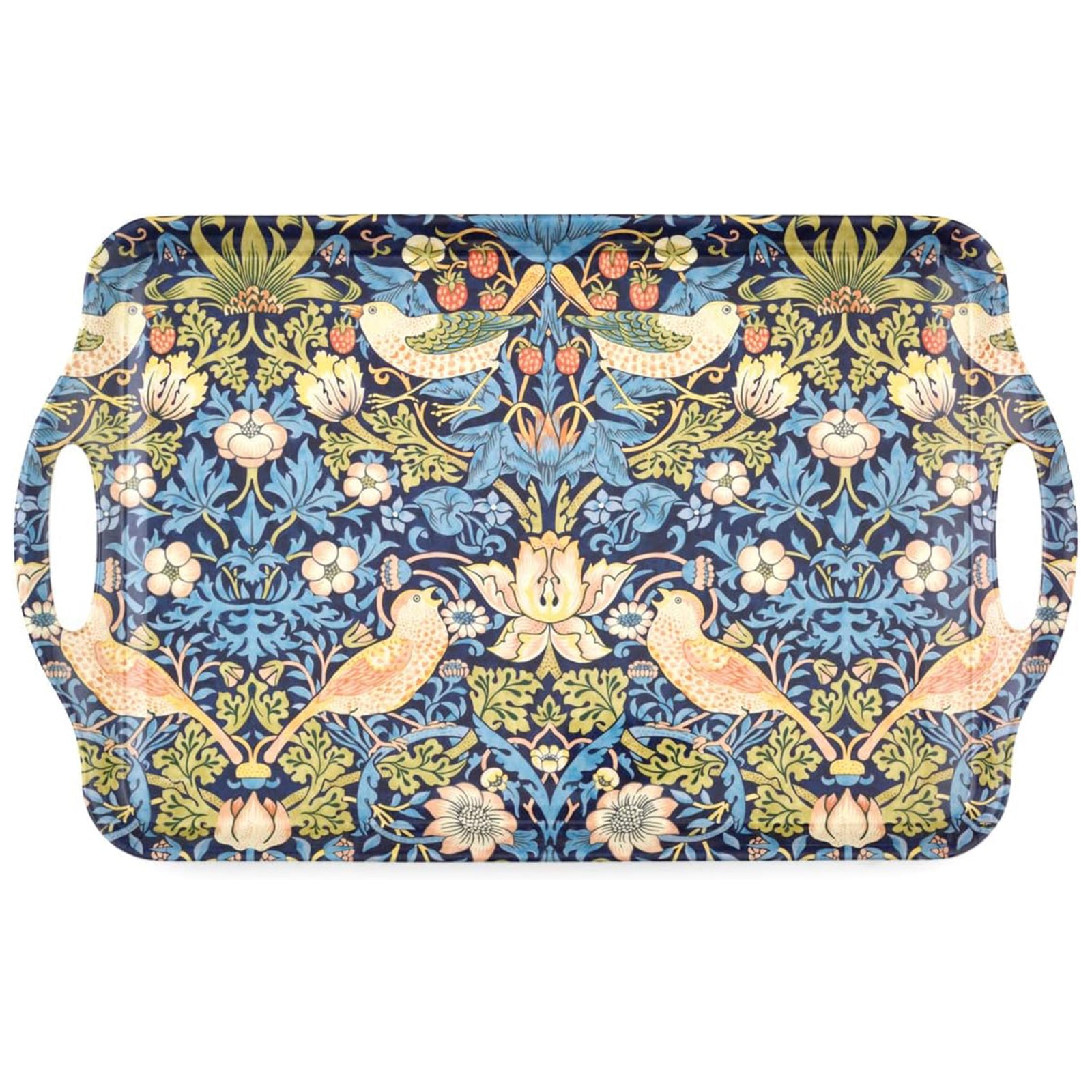 Decorative tray with floral William Morris Strawberry Thief pattern on a blue background