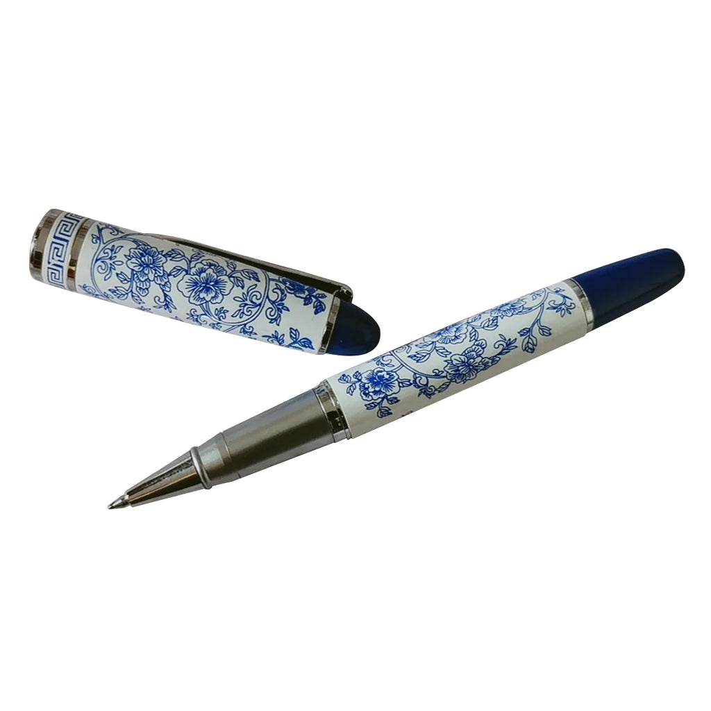 This elegant, black ink ballpoint pen features a traditional Blue Willow print. The body of the pen is made of sturdy ceramic and comes packaged in a very sturdy & high-quality padded box, perfect for gifting. Ceramic body ballpoint pen - black ink Features an elegant 'Blue Willow' print. Dimensions: 5.5".
