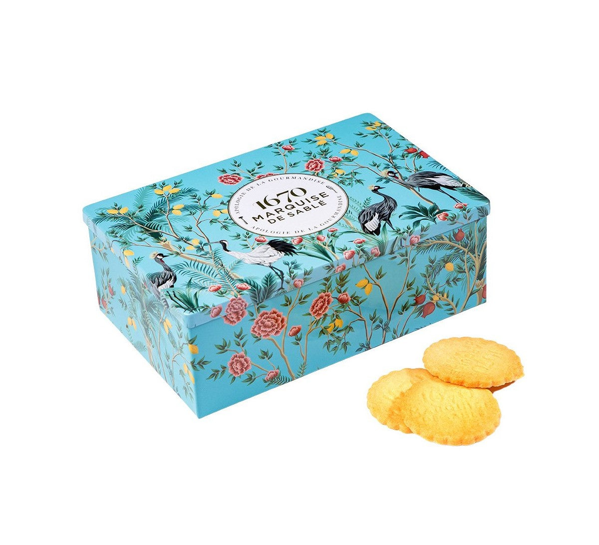 Treat yourself or a loved one to some elegant indulgence with this gorgeous cookie tin, featuring a vintage style floral design. This keepsake tin contains a delicious assortment of shortbread cookies, by French patisserie, La Sablésienne. La Sablésienne makes the real Sablé de Sablé-Sur-Sarthe cookies