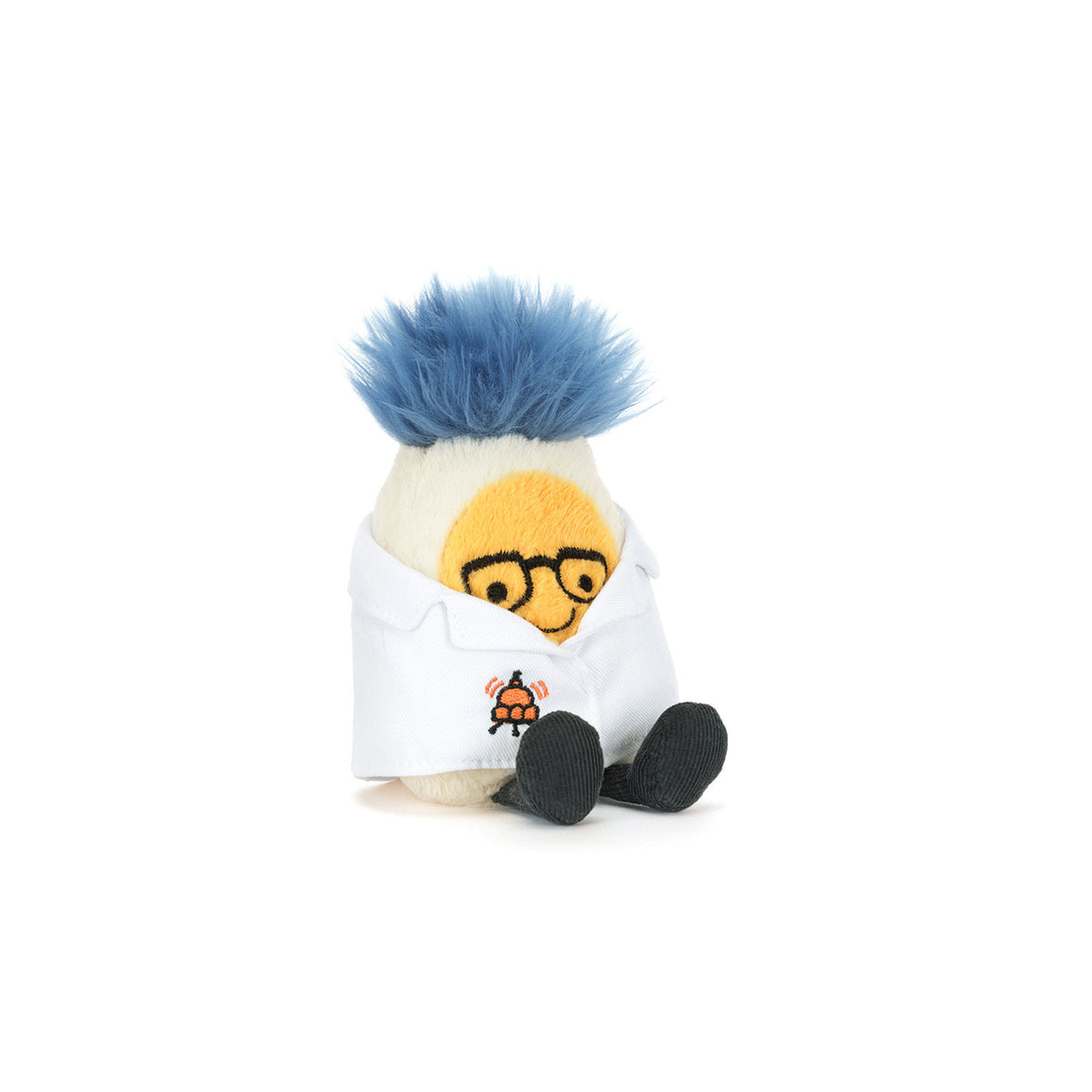 Plush toy Jellycat resembling a boiled egg in a scientist outfit with blue hair and glasses on a white background