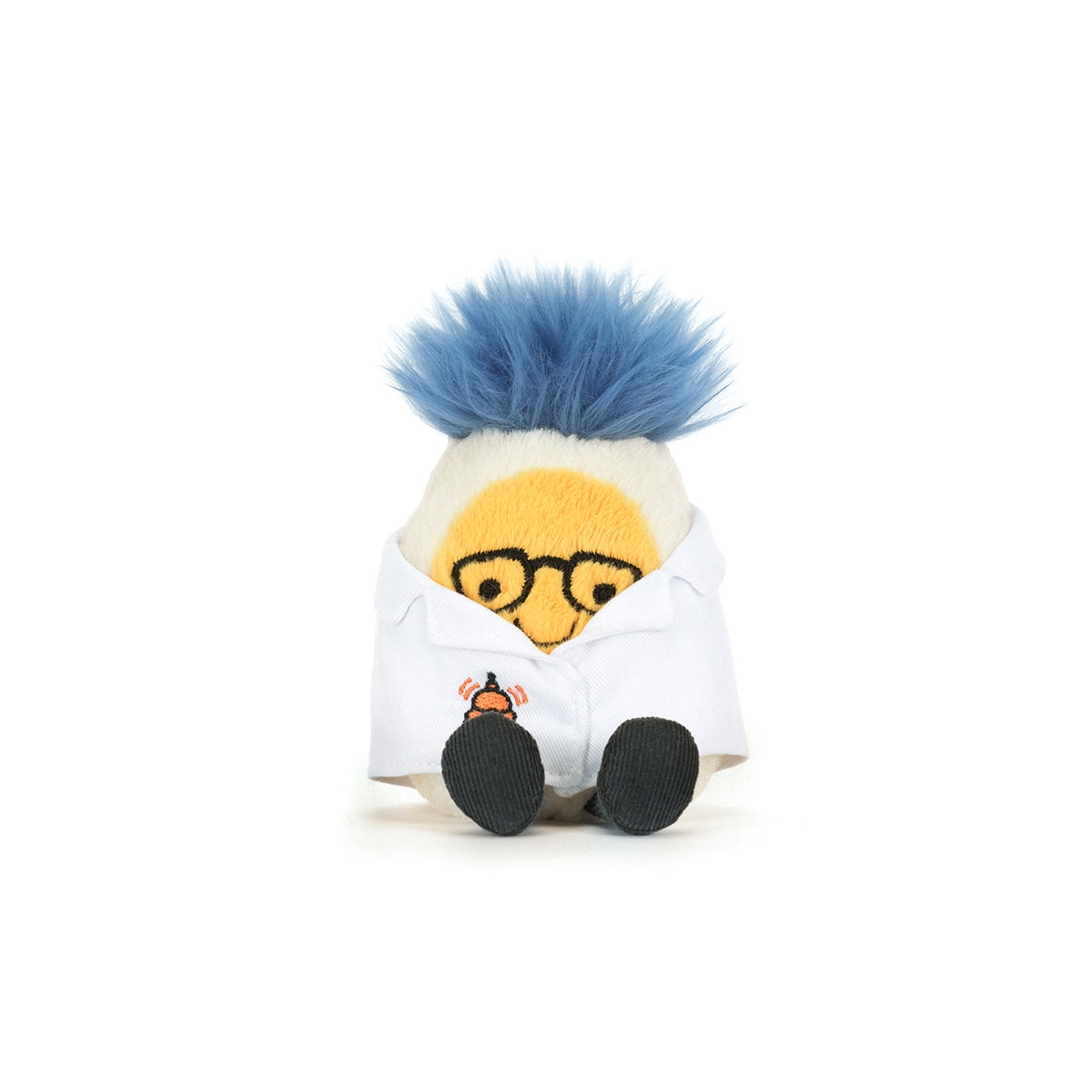 Plush toy Jellycat resembling a boiled egg in a scientist outfit with blue hair and glasses on a white background
