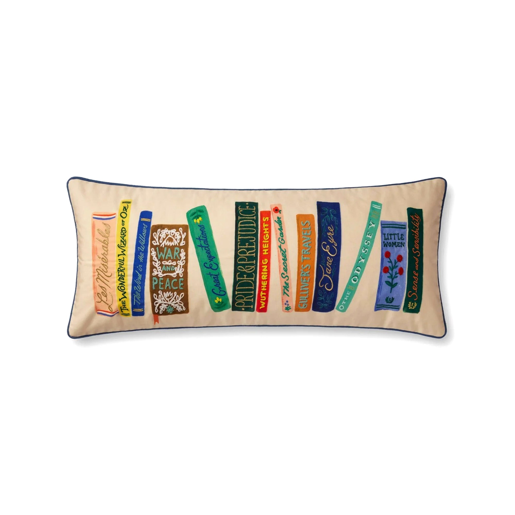 Perfect for your reading nook, this Book Club lumbar pillow features classic novels with embroidered detailing. Great gift for book-lovers. Spot clean.