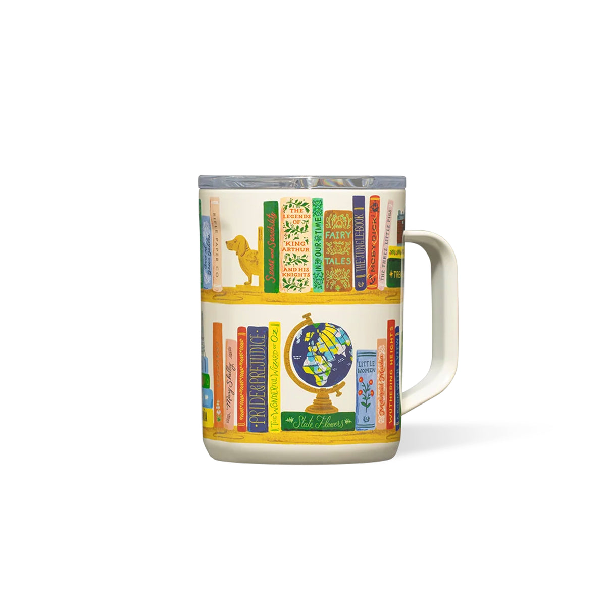 Travel mug with a clear lid and a colorful illustration of books on a shelf, on a white background. 