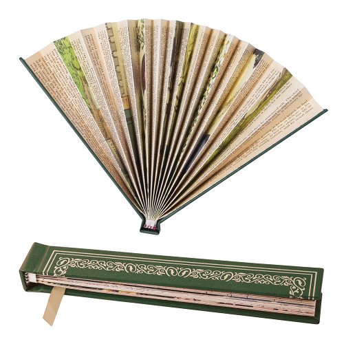 The perfect gift for book lovers - especially those who like to read on the beach! This fold-out paper fan has an authentic book cover border, complete with gold foil embossing. The internal fan pages are made up of vintage reproduction book pages including period illustrations. Dimensions when folded: 6: x 1" x 0.5".