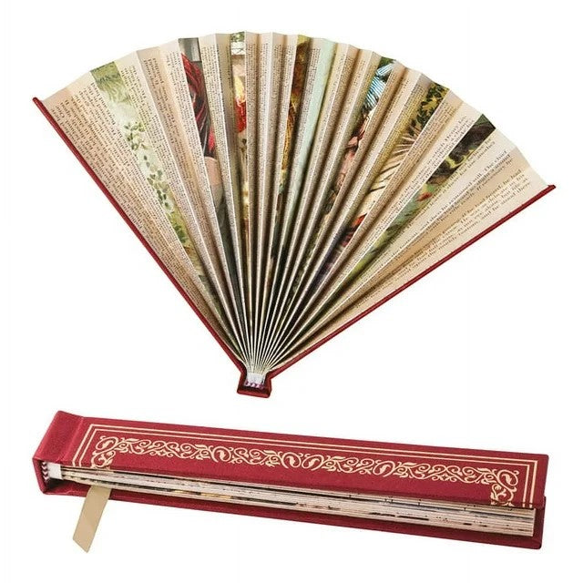 The perfect gift for book lovers - especially those who like to read on the beach! This fold-out paper fan has an authentic book cover border, complete with gold foil embossing. The internal fan pages are made up of vintage reproduction book pages including period illustrations. Dimensions when folded: 6: x 1" x 0.5".