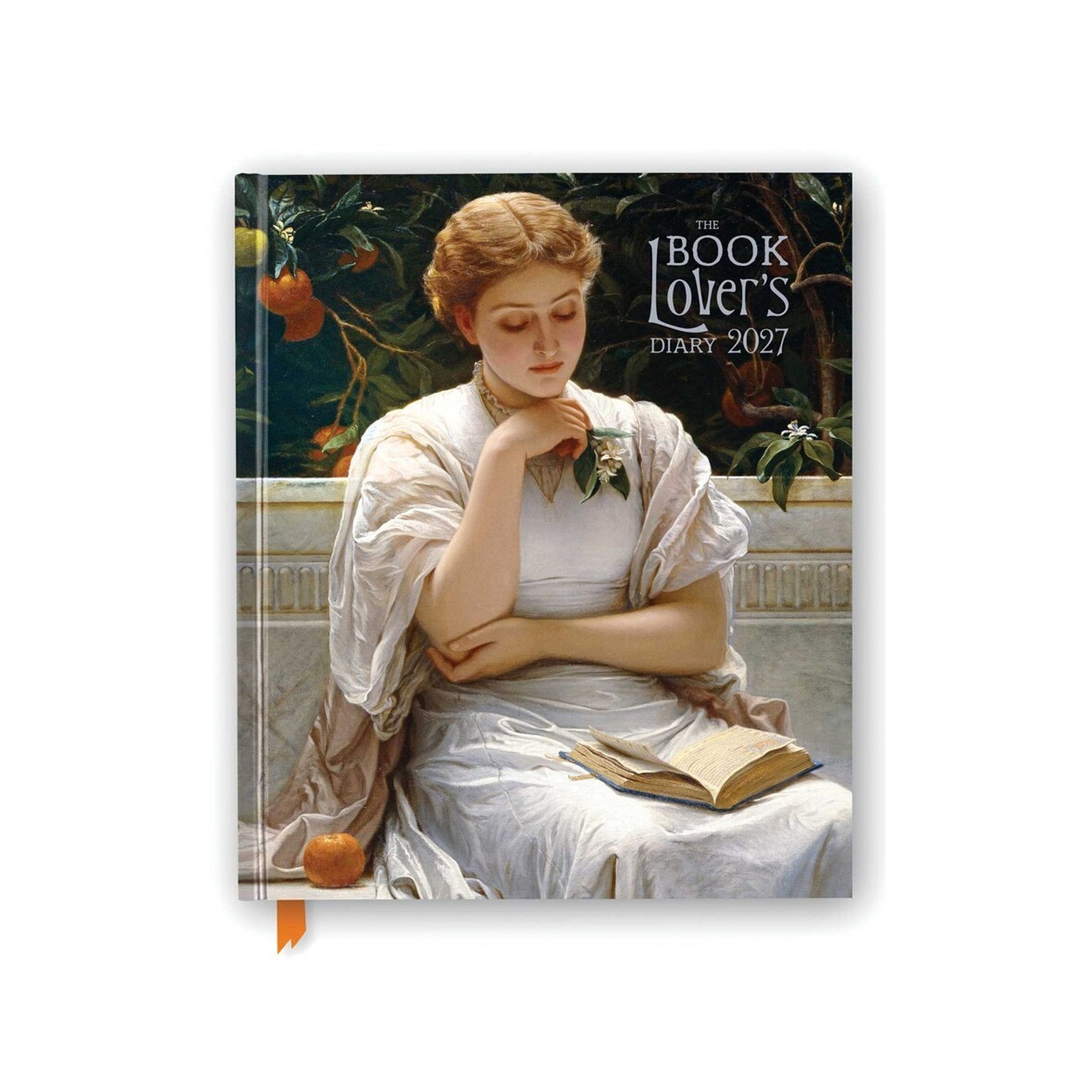 Cover of 'The Book Lover's Diary, 2027' with a Rococo style painting on the cover of a dreamy looking woman seated on a marble bench, reading a book.