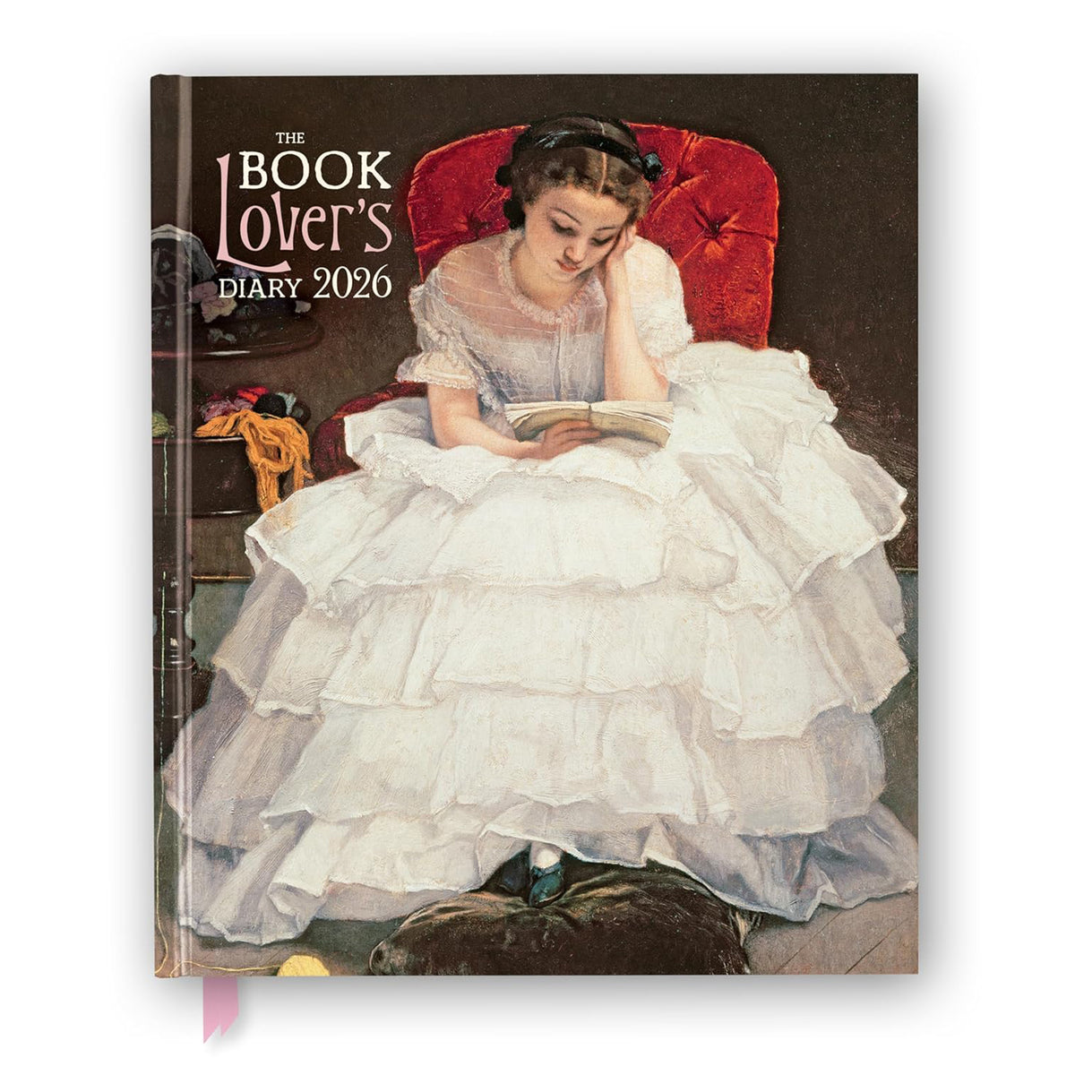 Book cover with a woman in a white dress reading a book, titled 'The Book  Lover's Diary 2026'.