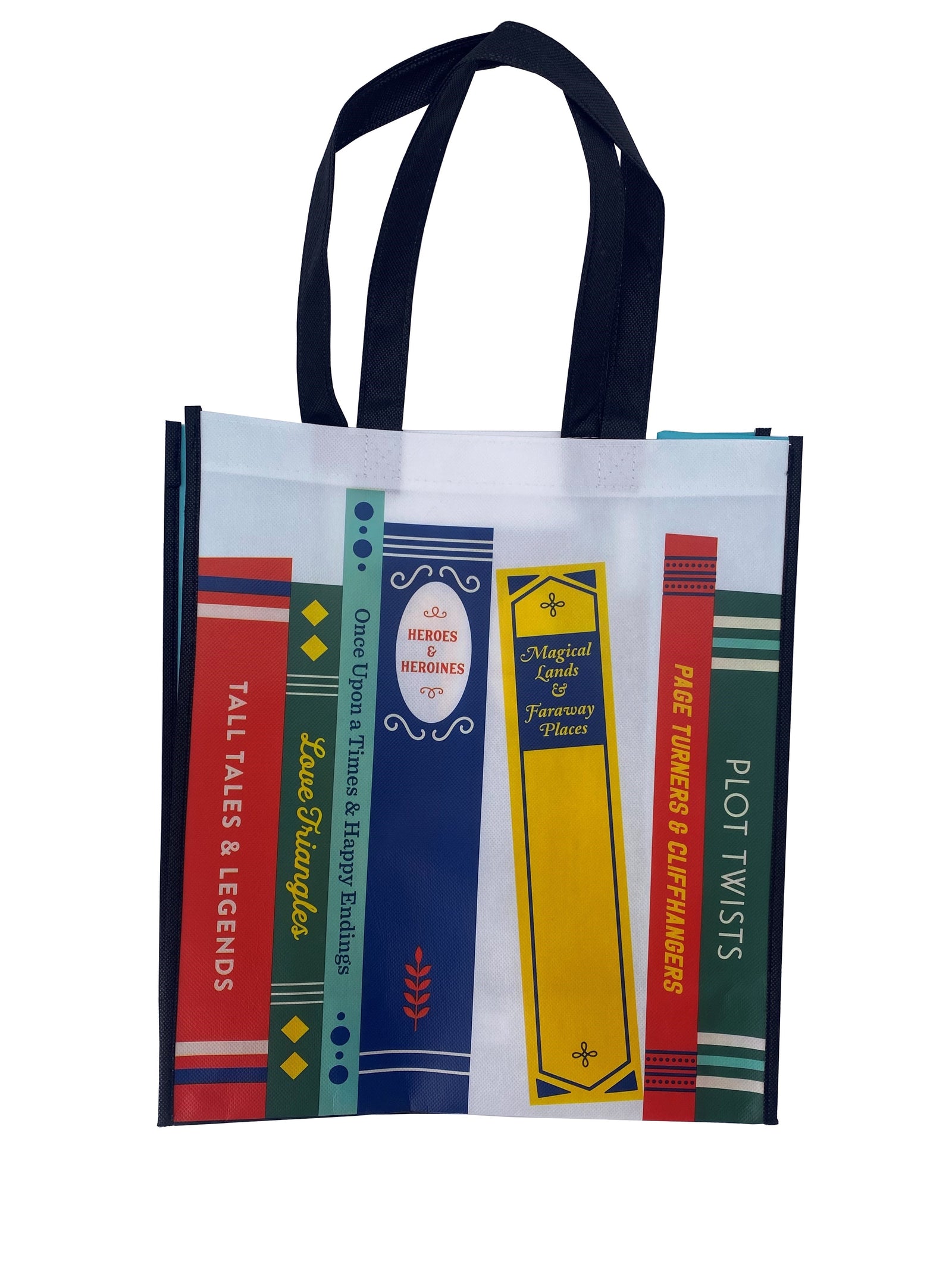 Love books? Carry them around in the most stylish way with this literary tote bag. Made from recycled plastic, and printed with colorful books, this is the perfect tote, not only for books, but also for groceries, beach days and overnight stays. 14.5 x 12.75 x 5.5". Handle Length: 7.5". Material: Recycled Plastic.