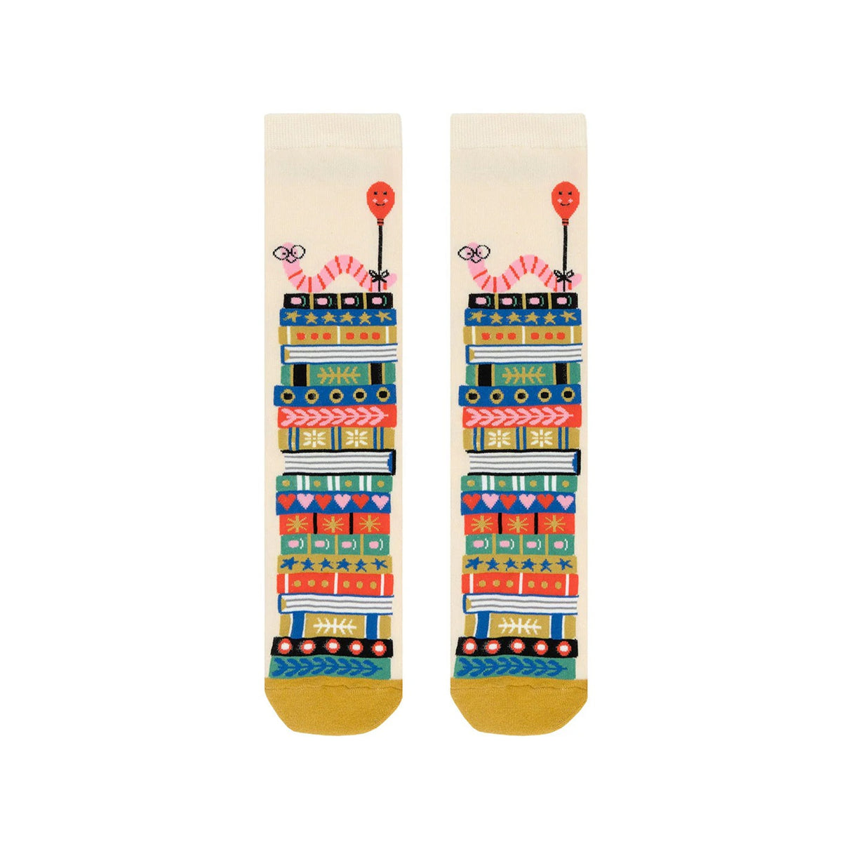 Colorful socks with patterned design on a white background