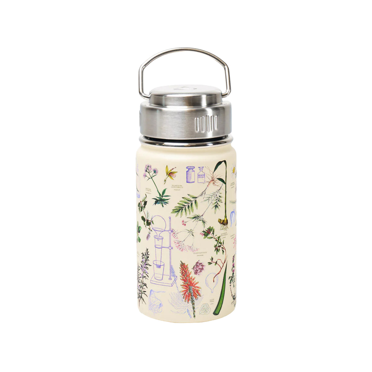 Water bottle with floral botanical design and silver cap on a white background