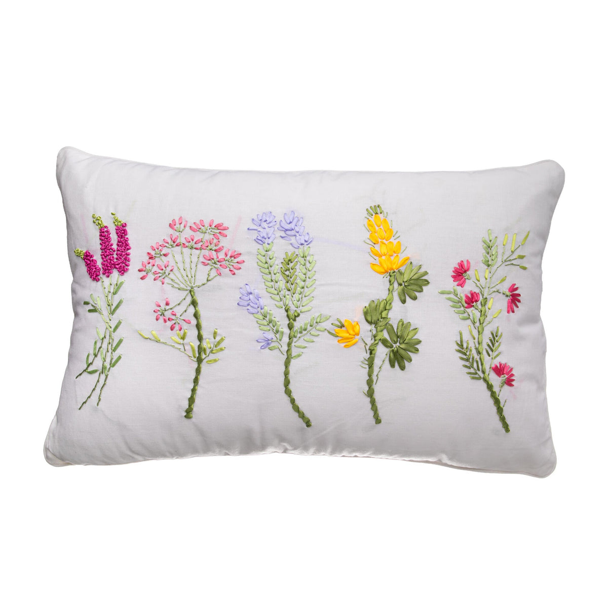 Decorative pillow with embroidered floral designs on a white linen background