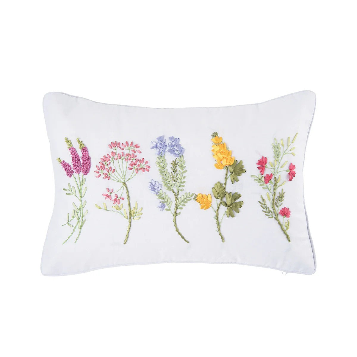 Decorative pillow with embroidered floral designs on a white background