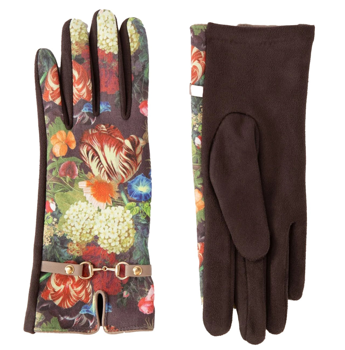 Gloves with floral pattern on one side and plain brown on the other, displayed against a white background.