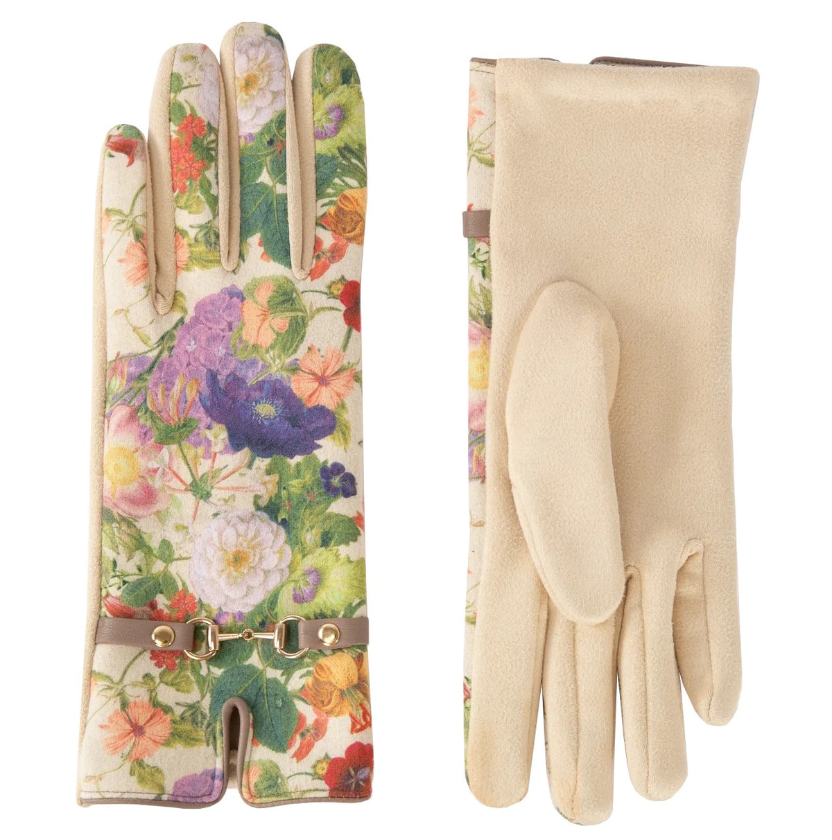 Floral-patterned gloves with a beige background