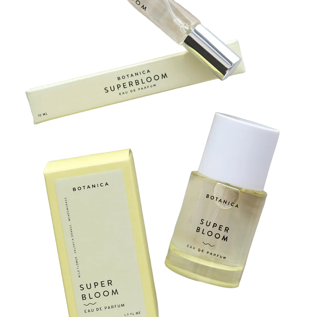 Botanica Super Bloom eau de parfum with packaging on a white background
