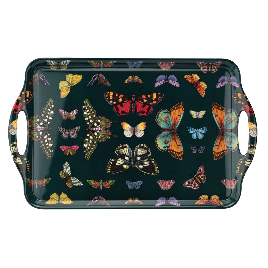This quality melamine tray is strong, robust and durable, and brilliantly practical. Not only hardwearing, but also beautiful, featuring vibrantly colored butterflies on a deep emerald green background. The perfect host or hostess tray for any occasion.  Material: Melamine Dimensions: 18.9 x 11.6 inch. Dishwasher Safe.