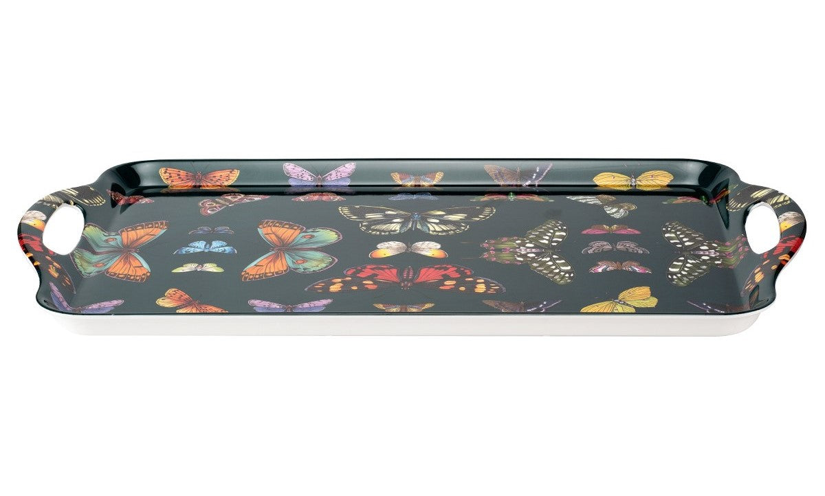 This quality melamine tray is strong, robust and durable, and brilliantly practical. Not only hardwearing, but also beautiful, featuring vibrantly colored butterflies on a deep emerald green background. The perfect host or hostess tray for any occasion.  Material: Melamine Dimensions: 18.9 x 11.6 inch. Dishwasher Safe.