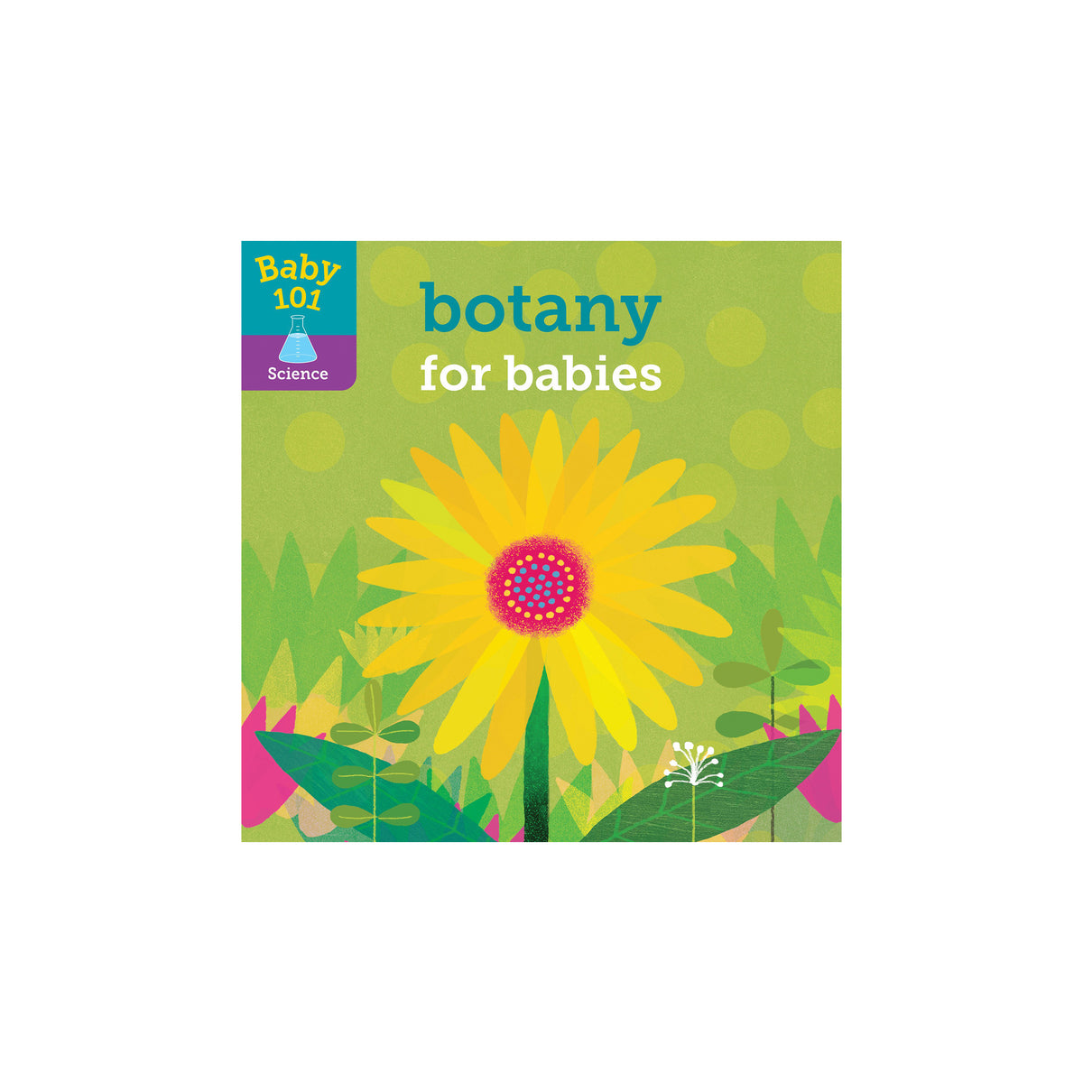 Book cover of 'Botany for Babies' with a yellow flower illustration on a green background