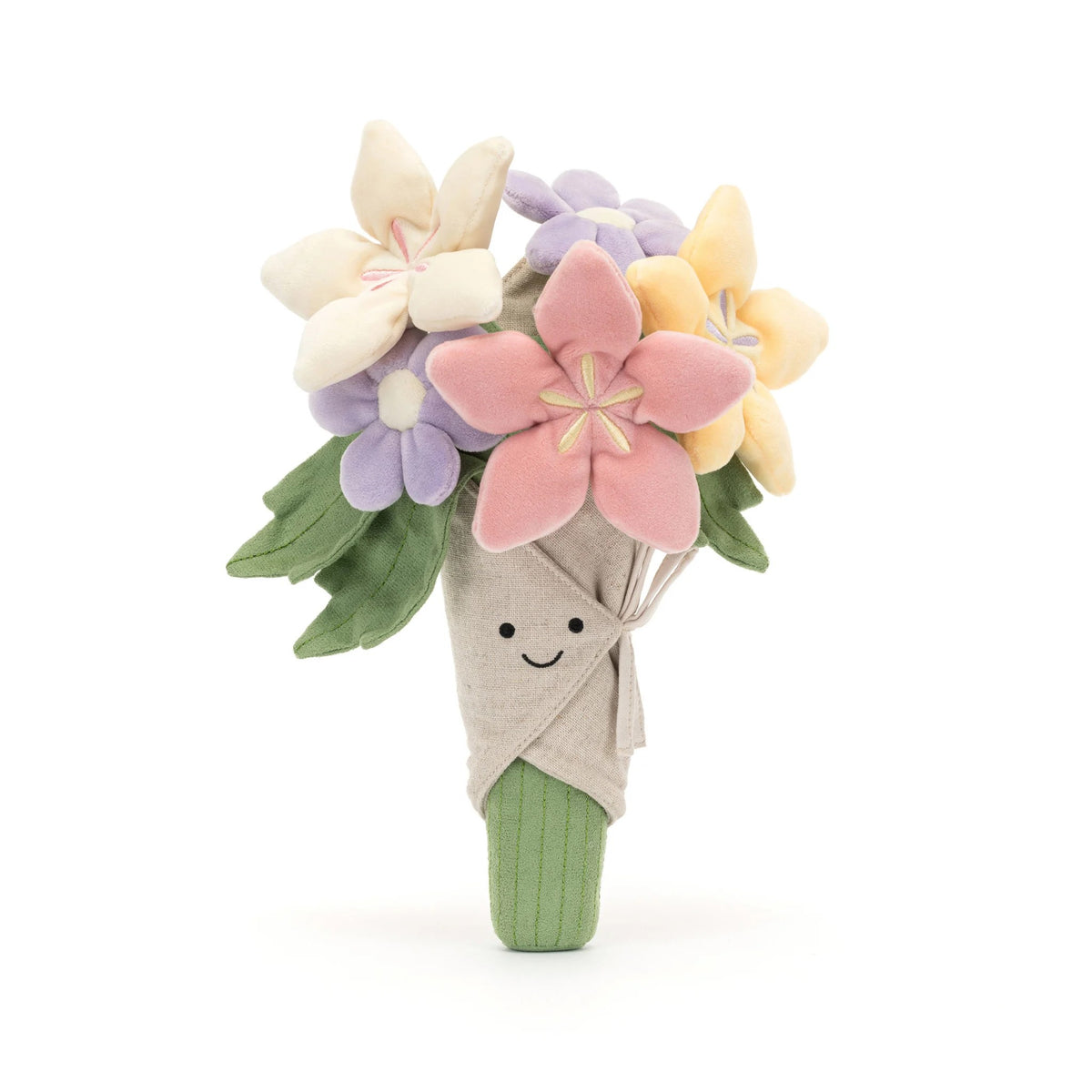 The Amuseables Bouquet of Flowers is the perfect way to say Thank You or Congratulations, or simply to cheer up a friend. A bundle of blooms with suedette leaves, petals in pink, cream, purple and yellow, embroidered stems and a hessian wrap, this bunch is blooming gorgeous. 12.2" x 9.1" x 2". Suitable from birth.