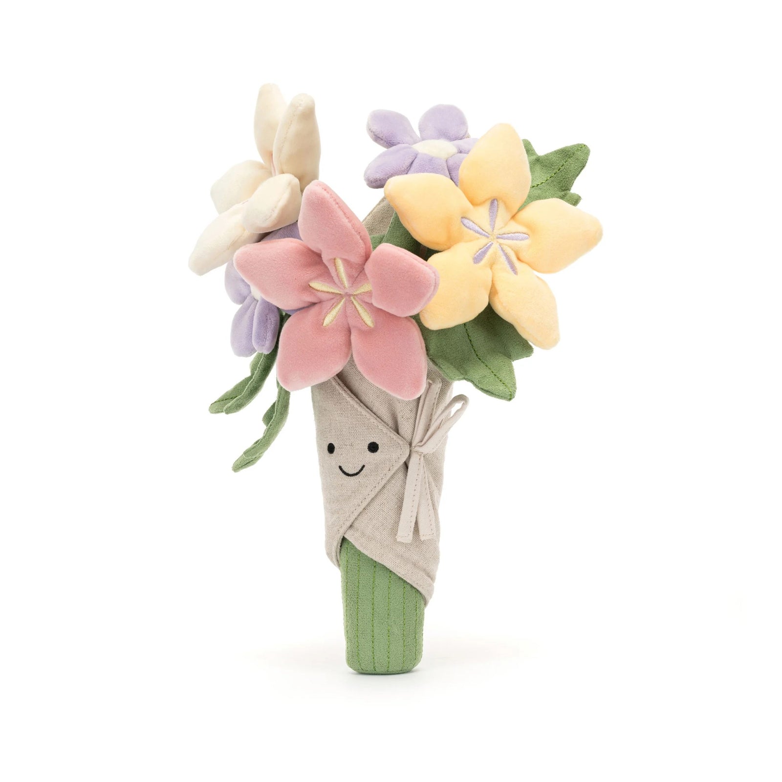 The Amuseables Bouquet of Flowers is the perfect way to say Thank You or Congratulations, or simply to cheer up a friend. A bundle of blooms with suedette leaves, petals in pink, cream, purple and yellow, embroidered stems and a hessian wrap, this bunch is blooming gorgeous. 12.2" x 9.1" x 2". Suitable from birth.