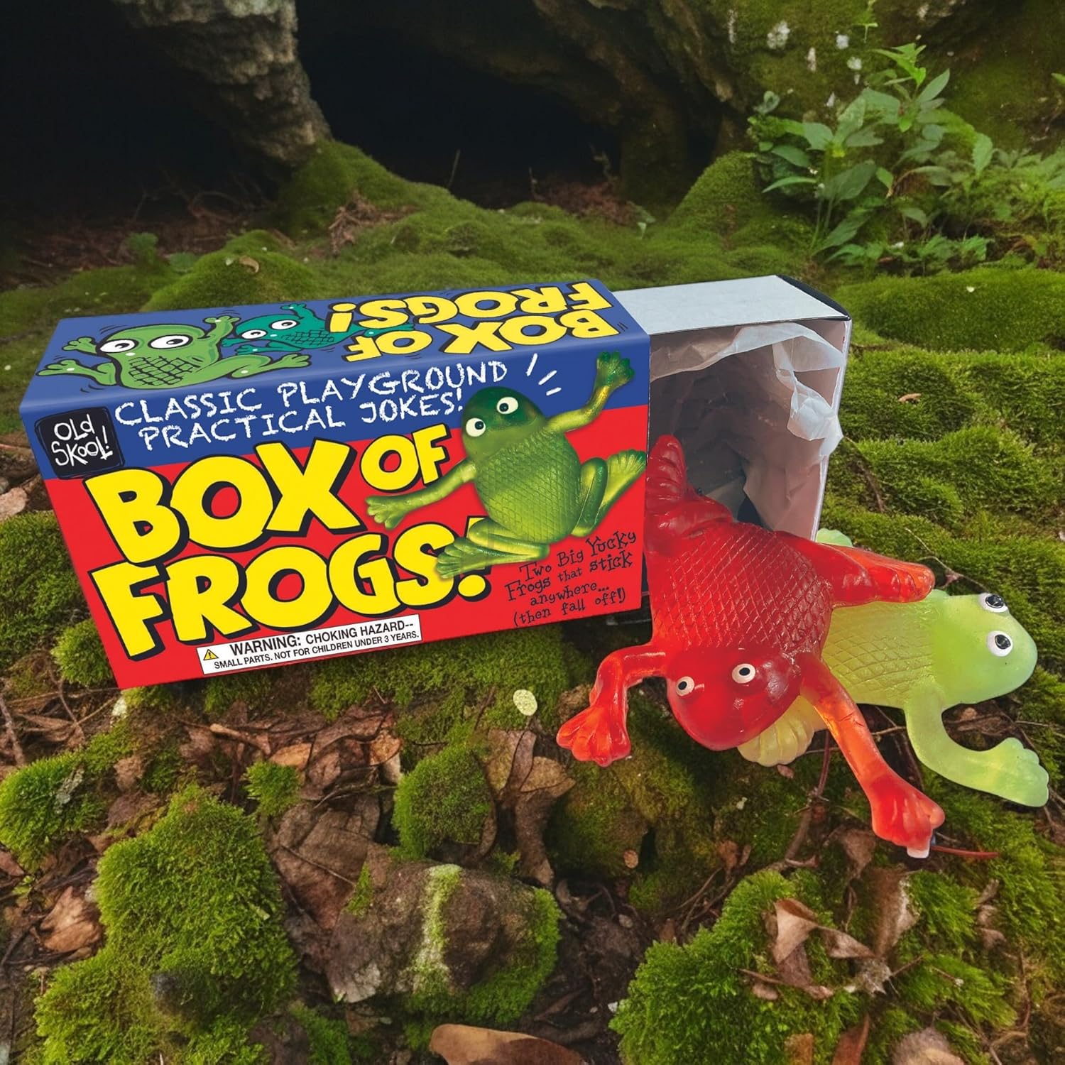 Box of Frogs toy with two colorful frogs on a white background