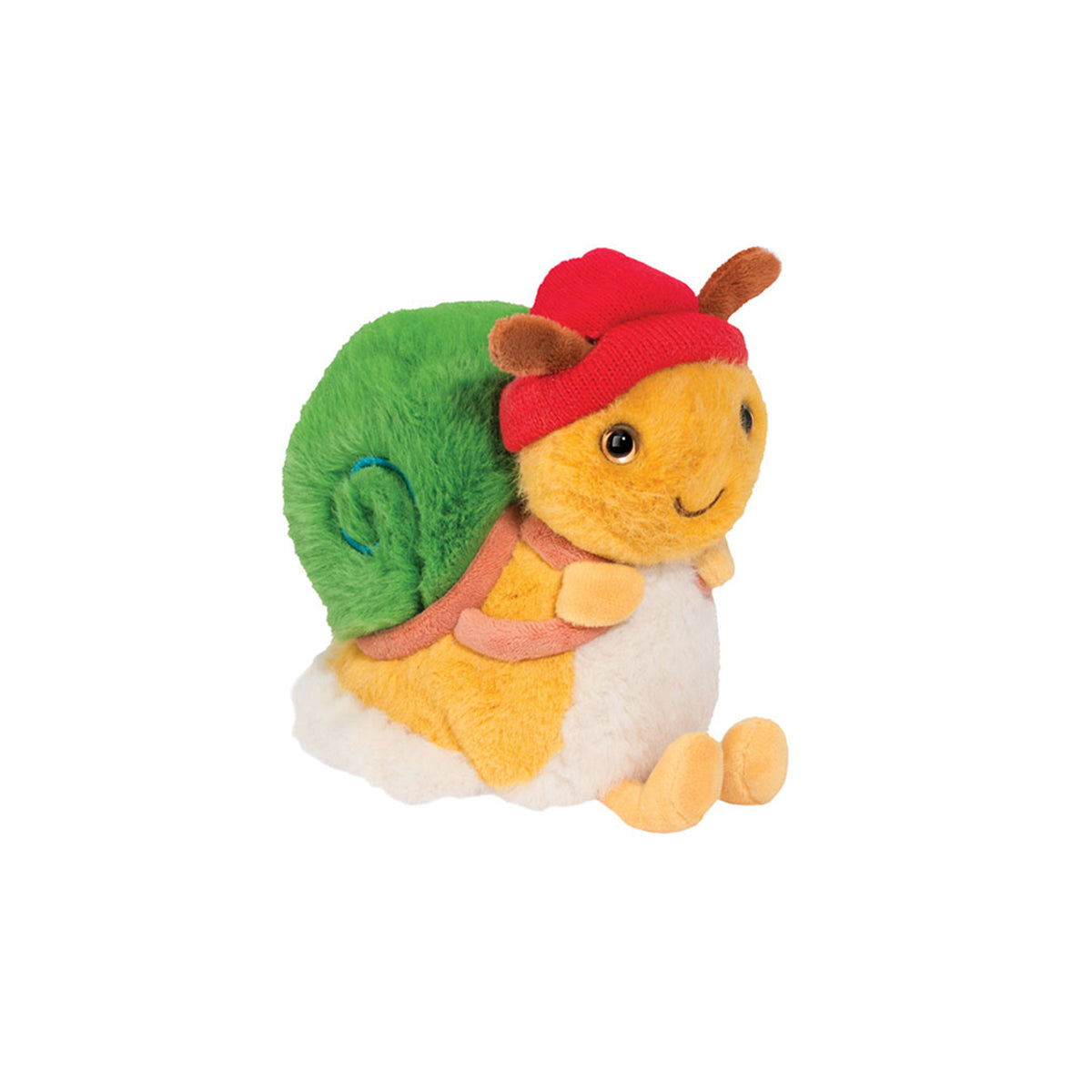 Plush toy snail with a red hat on a white background