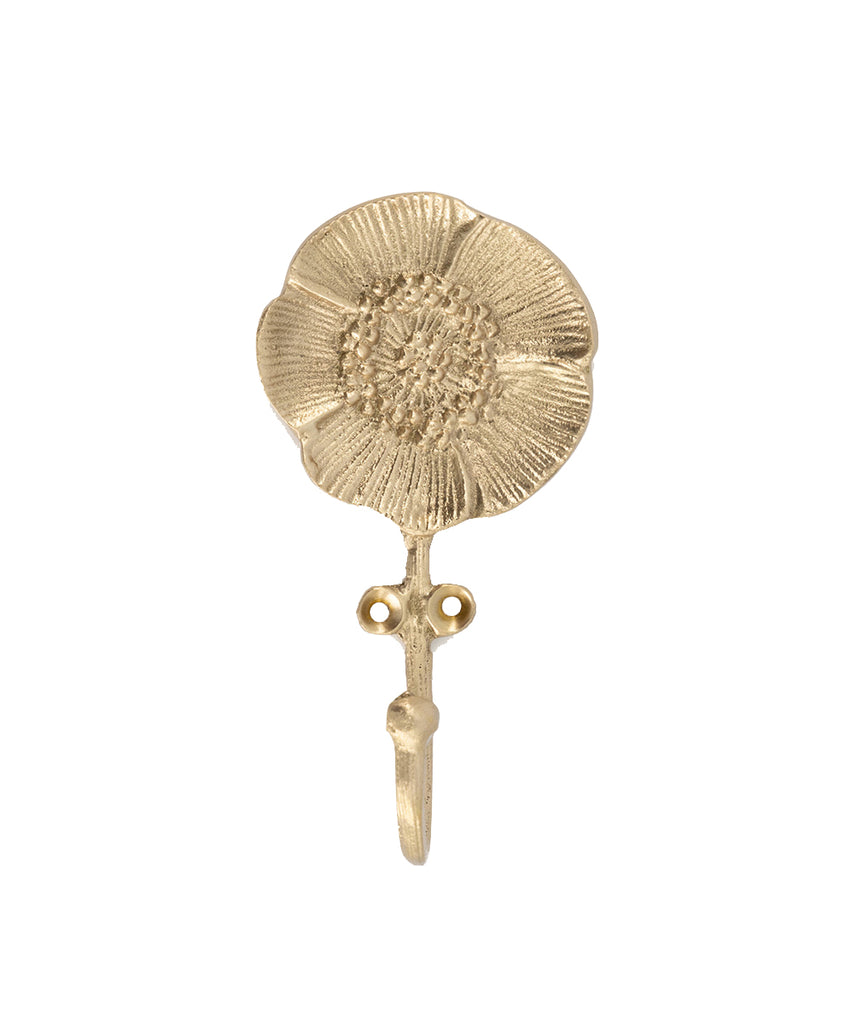 Add some panache to your home with this lovely poppy-shaped hook. From scarves, jewelry to other accessories, this pretty Poppy hook will put it up for you!  Handmade. Fairtrade production. Made from recycled brass. Dimensions: 4.5" x2 1/4 " x 1.5".