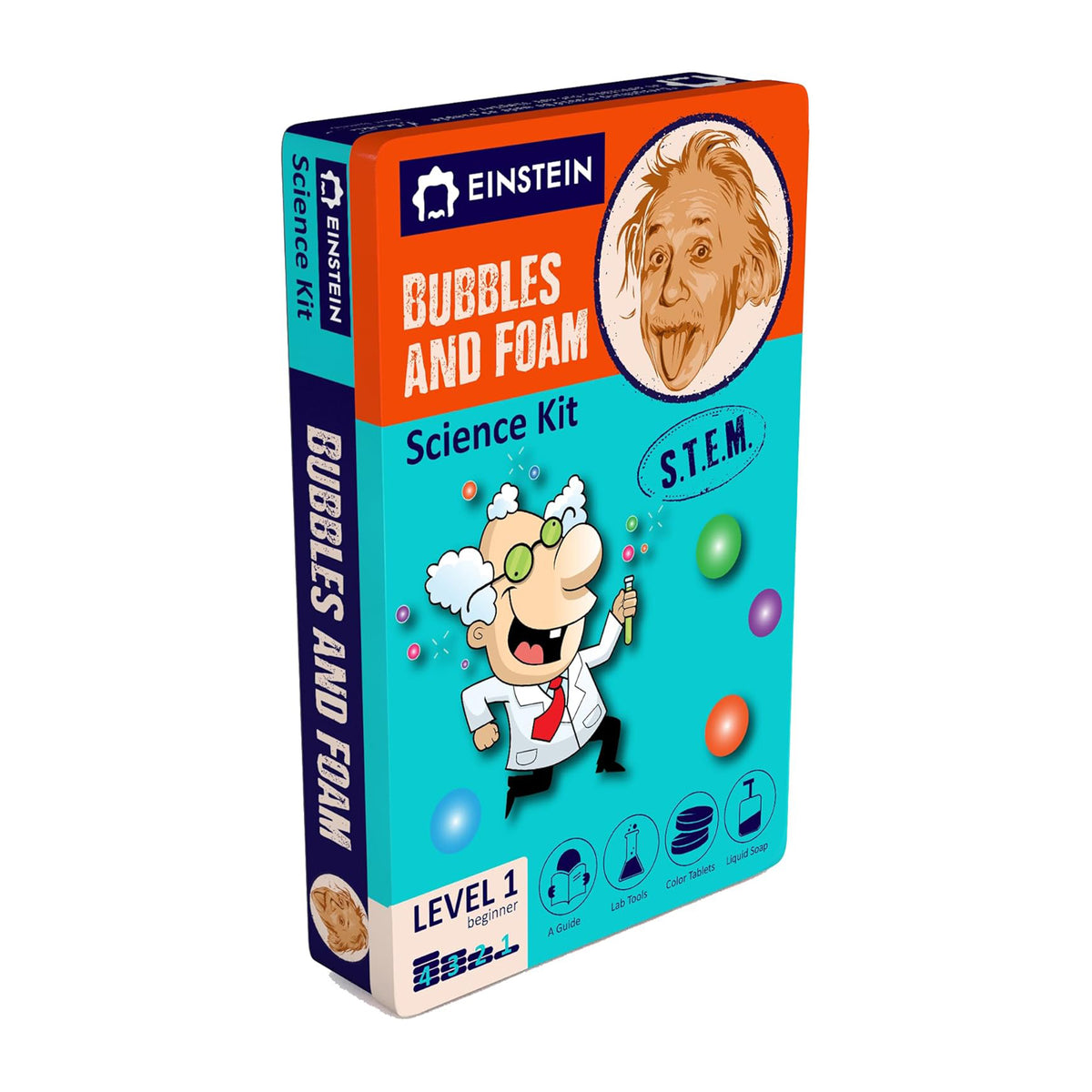 Science kit box for bubbles and foam with cartoon scientist and Einstein branding.