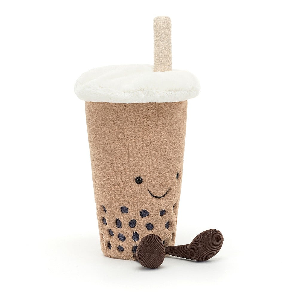 A quirky treat with summery vibes, Amuseable Bubble Tea's here! This beigey cup has a fluffy cream lid, a tall suedey straw and dark-chocolate boots, with embroidered black tapioca pearls. A super-chill desk mate for hectic days. Dimensions: 8" x 2". Suitable from birth.