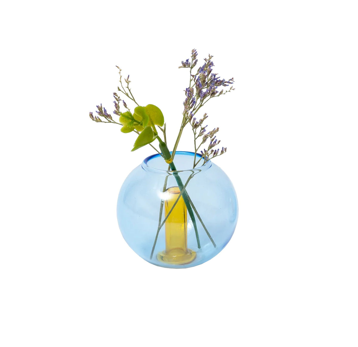 Mini glass sphere bud vase in blue with a yellow center on a white background