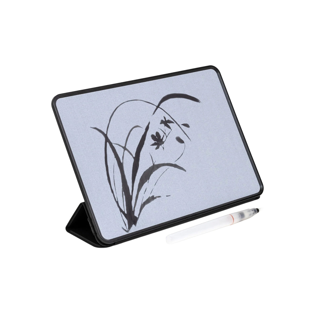 A black-frame drawing tablet with a light gray writing surface, shown standing on a small black kickstand with a white watercolor pen placed in front, on a plain white background.