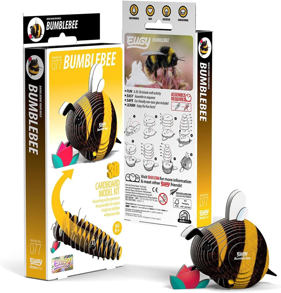 This simple and fun model bee kit will keep kids busy whilst building and give them a finished 3D bee to display in their room!  Made from sustainable, biodegradable and recyclable cardboard, the kit contains all you will need to assemble this busy little bee. Finished model size: 2.95" x 1.61" x 2.64". Ages: 6+.