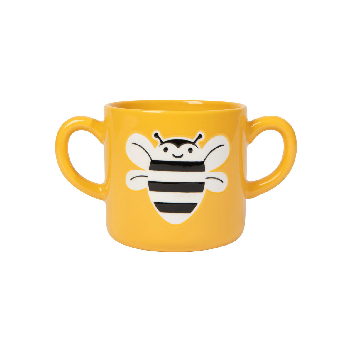 Double handled kids yellow mug with a cartoon style bumblebee on the front