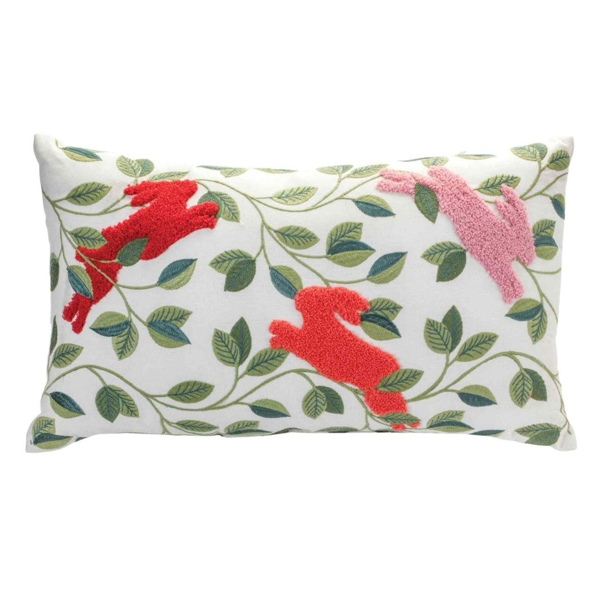 Decorative pillow with embroidered red , orange and pink bunnies and green leaves on a white background