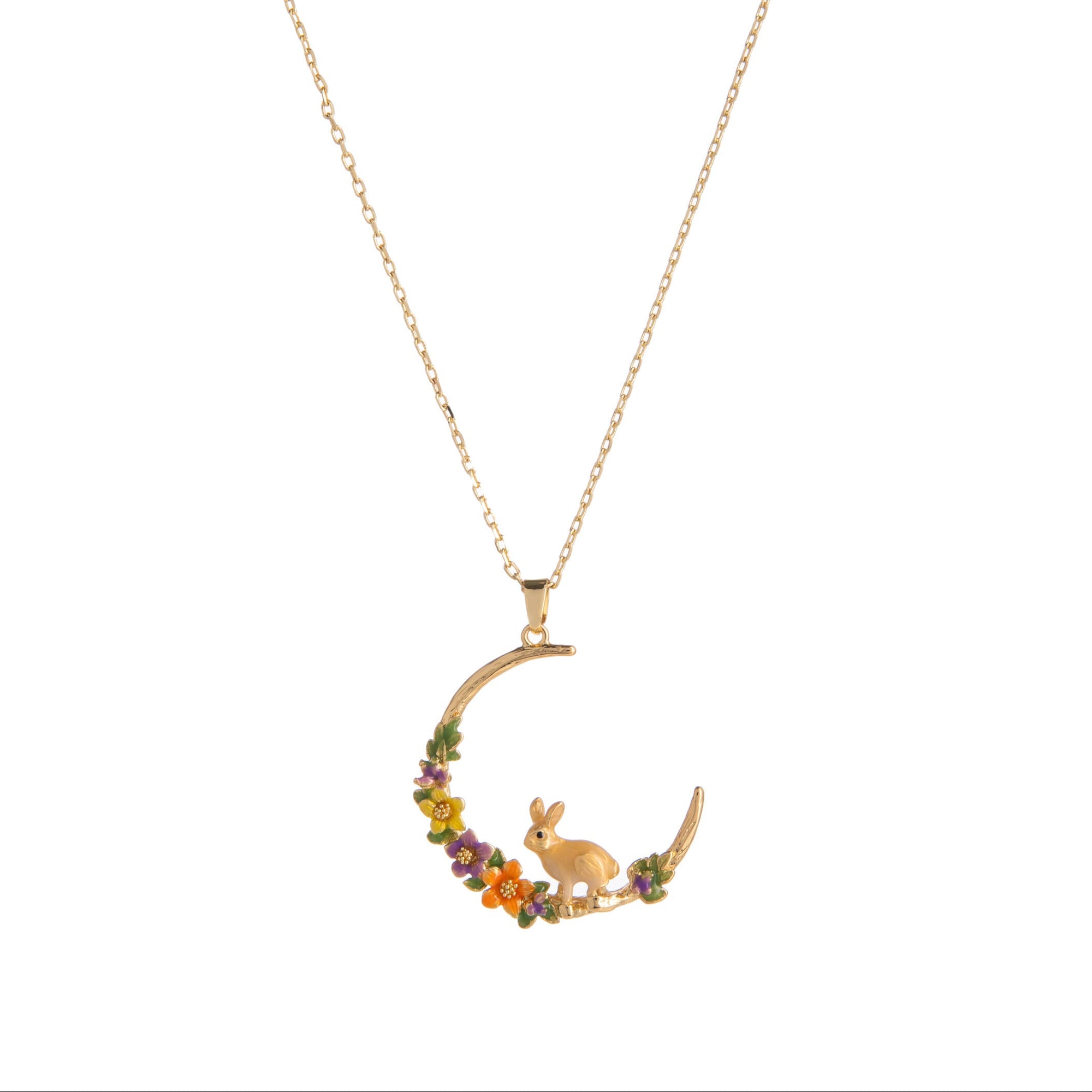 Gold necklace with a crescent moon pendant featuring a bunny and flowers on a white background