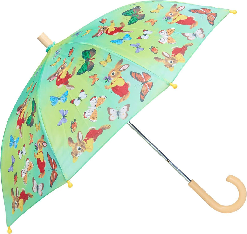 This adorable, kid-sized umbrella features a cute bunny character surrounded by colorful butterflies, taken from author Richard Scarry's famous children's book series.  Kids will love having their own 'grown up' style umbrella, and its sturdy but lightweight construction makes it easy for little ones to carry. 