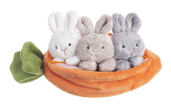 This adorable plush toy will give your little one endless hours of super-cute play. Pull the carrot open to find three baby bunnies nestled inside. Two bunnies can be taken out of the carrot and put back when it's time for bed. The third bunny is attached to the carrot and doubles as a finger puppet for extra interactive learning fun. Dimensions: 8" x 4" Suitable from birth