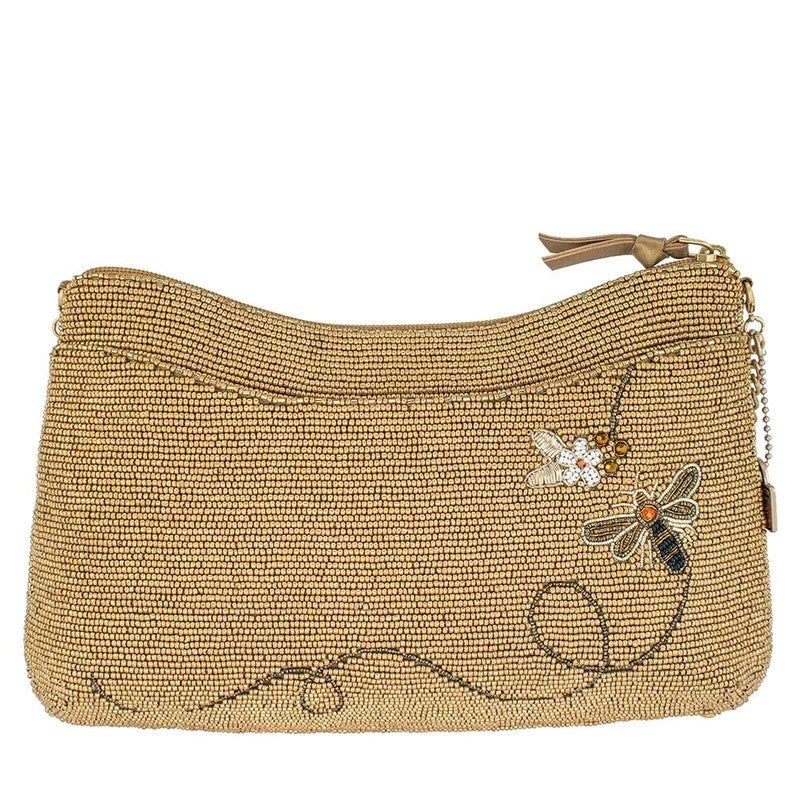 This crossbody handbag is a buzzing beauty, with golden beads woven into a honeycomb pattern and embellished with beaded bees and flowers. Its roomy interior, padded shoulder strap and secure zipper make it the perfect companion for any occasion. Dimensions: 11 x 2 x 6.5". Handmade.
