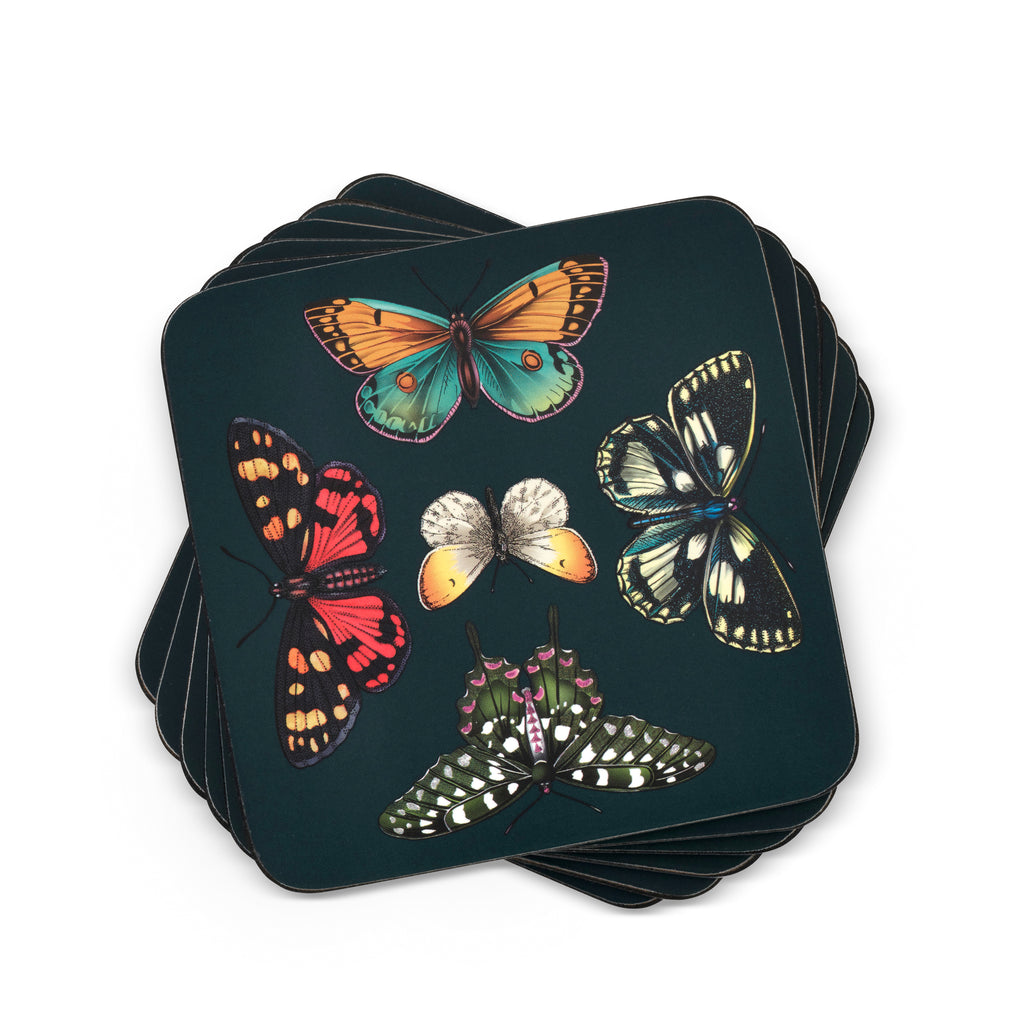 These beautifully vibrant coasters feature a colorful butterfly design. They have a 5mm board which is topped with the design and then sealed with a high-quality stain resistant and heat resistant coating. The bases of the coasters are finished with hardwearing cork.  Set of six coasters Dimensions: 4" x 4.