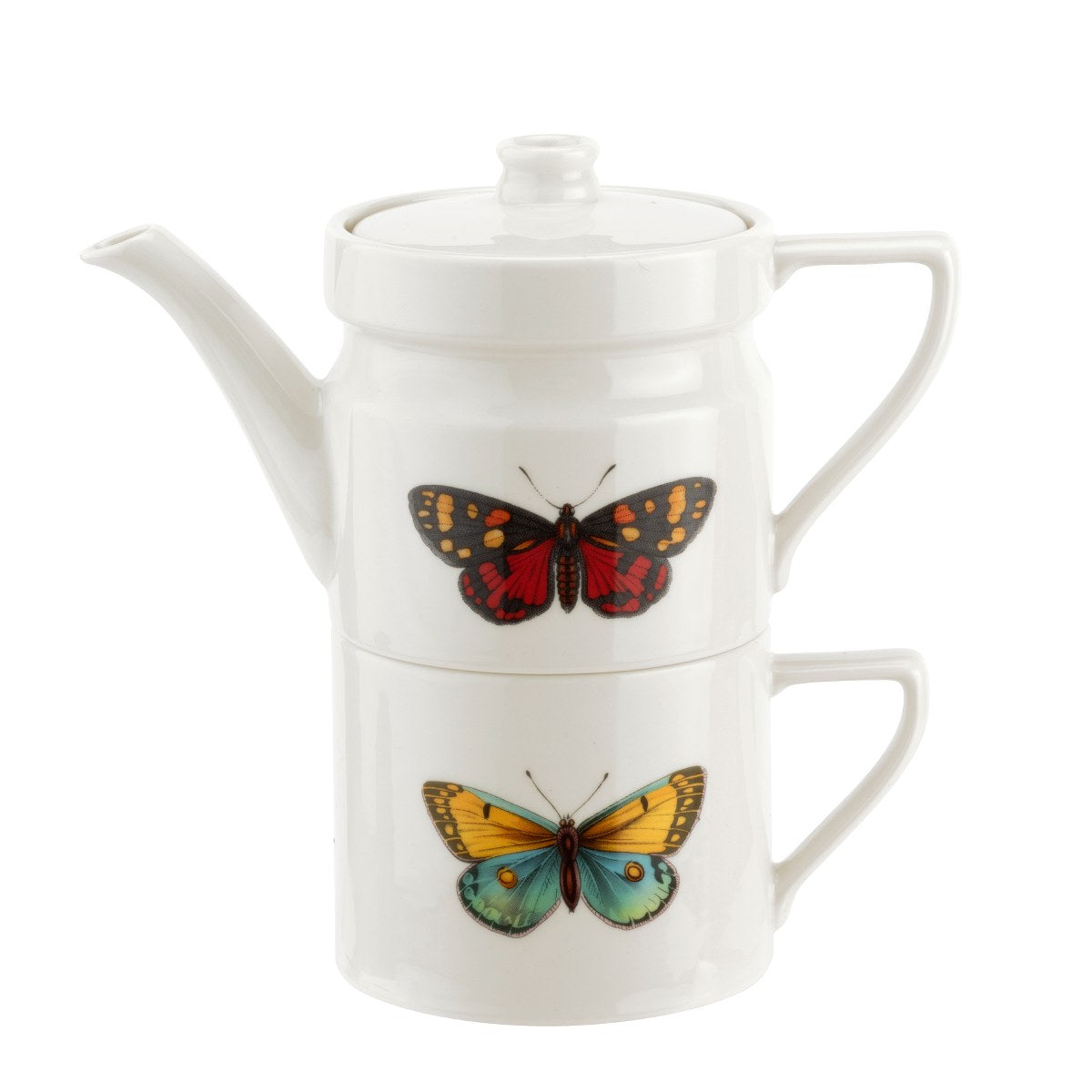 This tea-for-one set comprises of a stackable teapot and mug, both with vintage style botanical drawings depicting beautifully colorful butterflies.  Made from fine white porcelain, this is the perfect set in which to serve your morning coffee or afternoon tea. Materials: Porcelain.  Dimensions (when stacked): 7" x 7".