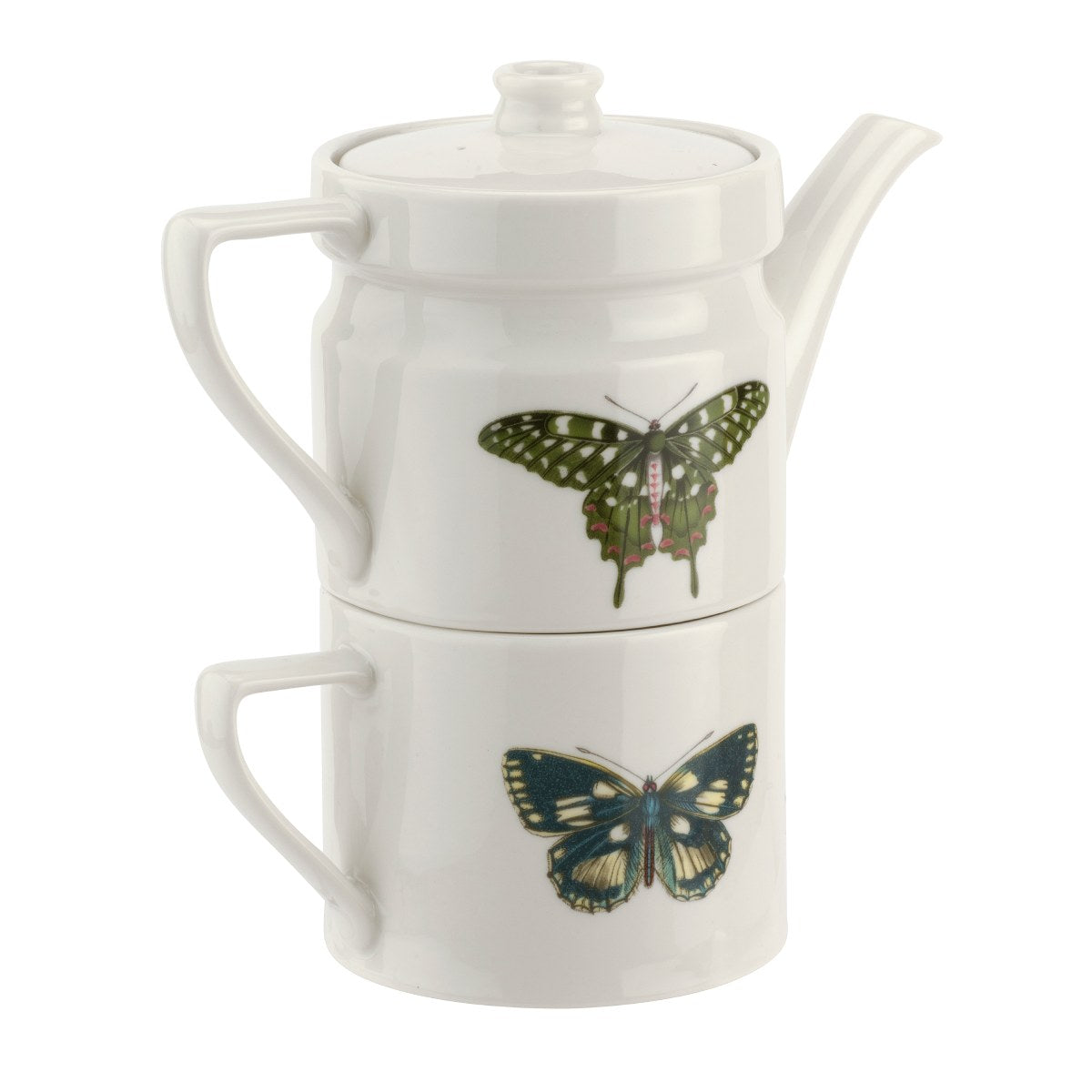 This tea-for-one set comprises of a stackable teapot and mug, both with vintage style botanical drawings depicting beautifully colorful butterflies.  Made from fine white porcelain, this is the perfect set in which to serve your morning coffee or afternoon tea. Materials: Porcelain.  Dimensions (when stacked): 7" x 7".