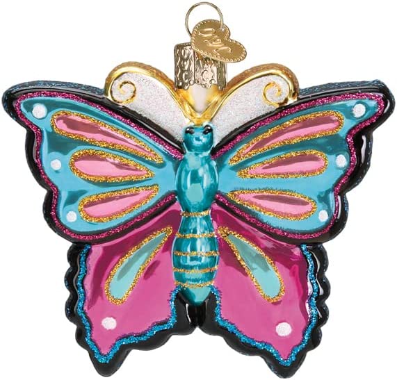 This delightfully colorful glass butterfly ornament was crafted by hand, using age-old traditions and techniques that originated in the 1800's. First, the glass is mouth-blown into finely carved molds and is then laboriously hand painted and glittered to achieve the final, dazzling result. Size approx: 3.5" x 3" x 5/8"